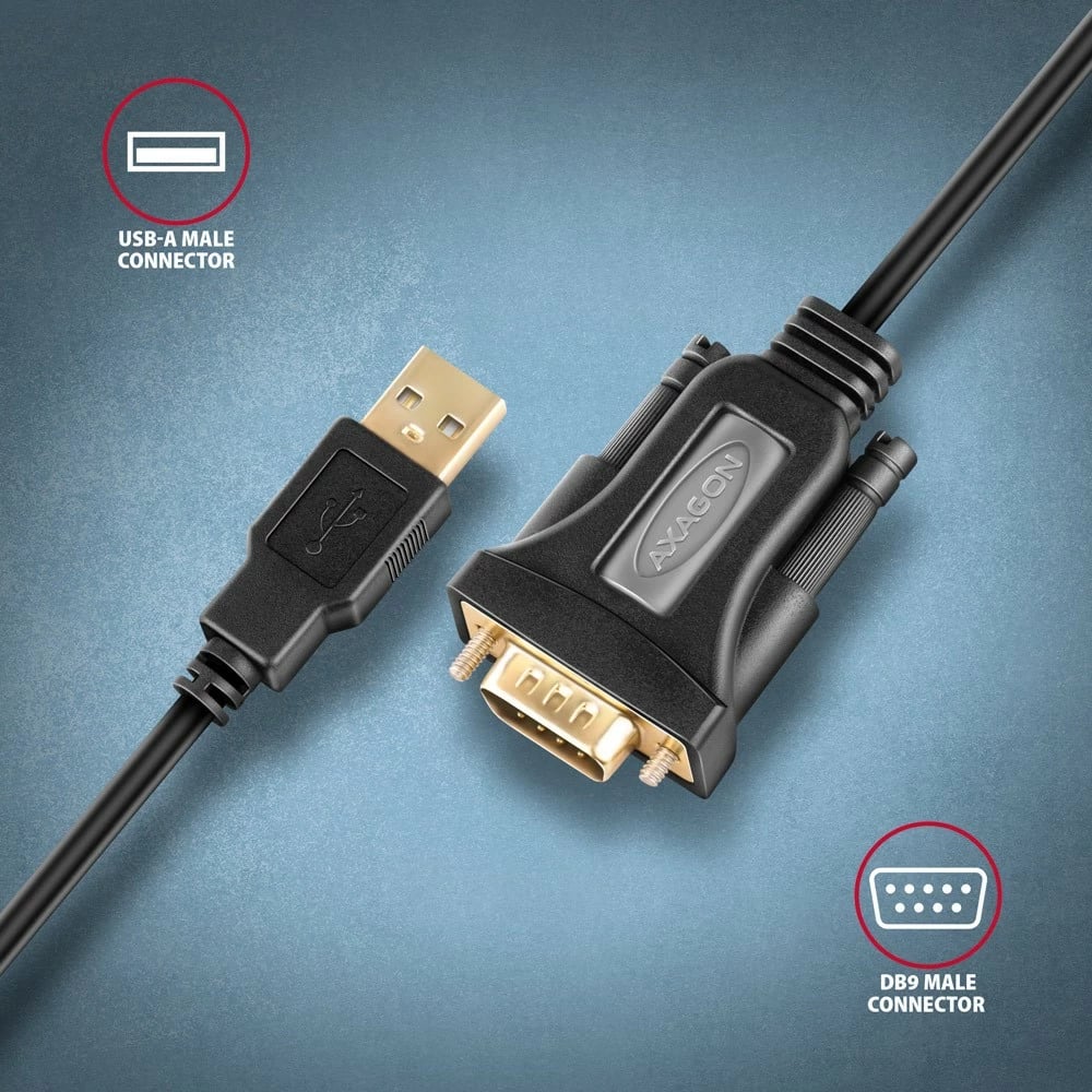 Adapter AXAGON ADS-1PQN USB 2.0 në RS-232, 1.5m, FTDI, i zi