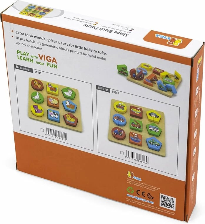 Puzzle druri me futje formash Viga, 9 automjete, 19 copa, fëmijë 18m+, multingjyrës