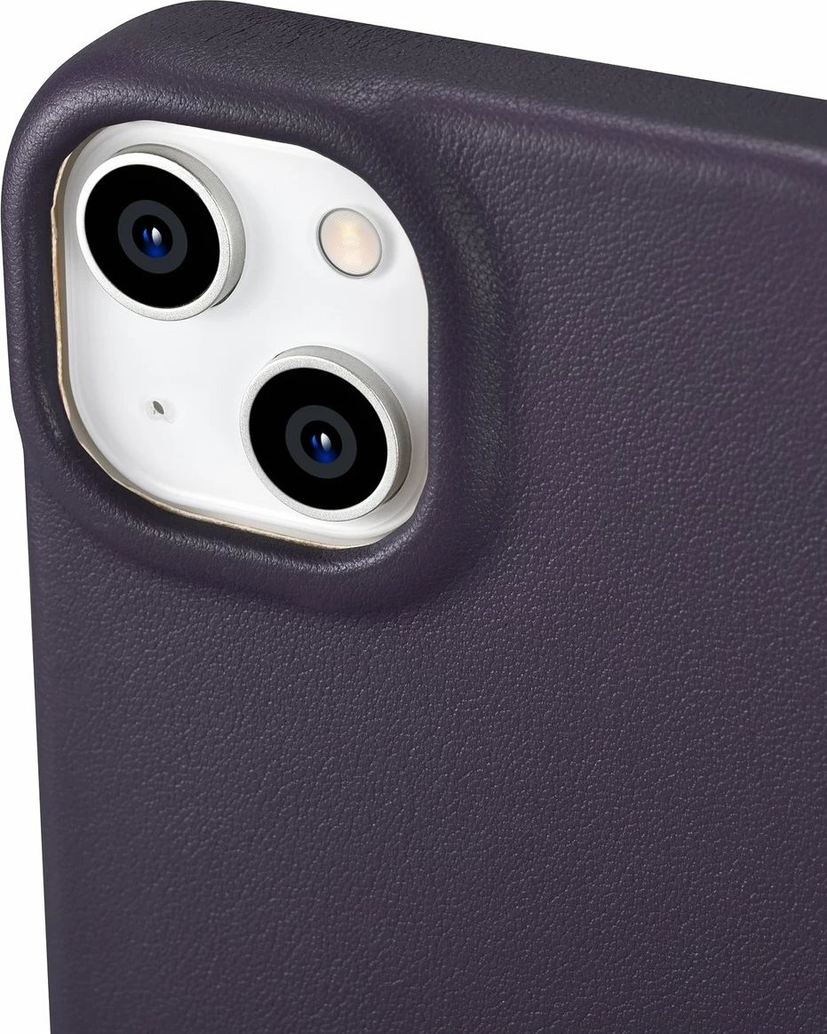 Mbështjellës iCarer CE Premium lëkurë, për iPhone 14 Plus, MagSafe, vjollcë e errët