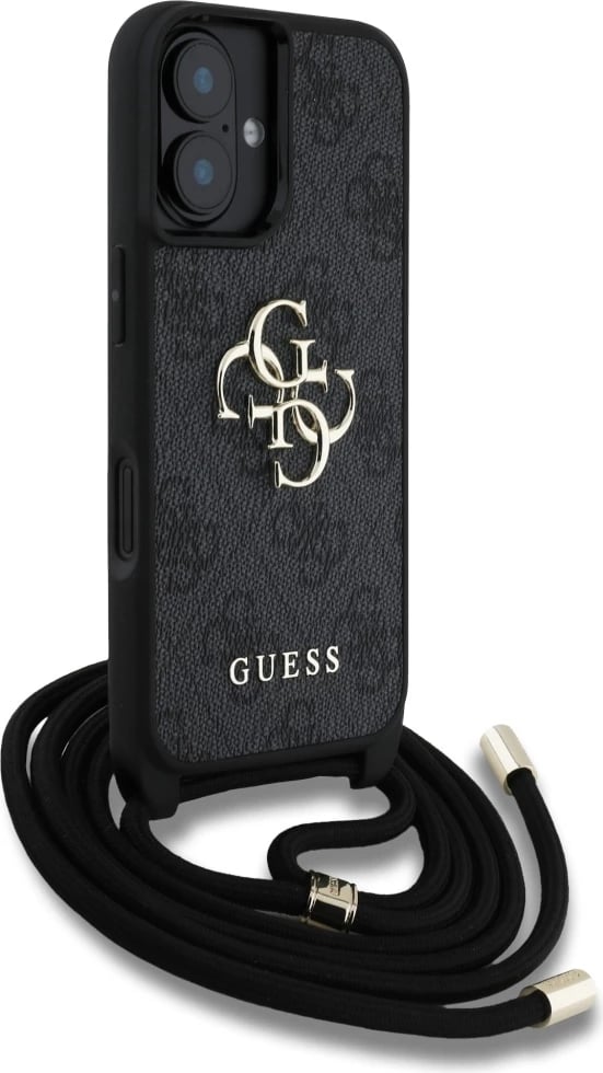 Mbështjellës Guess 4G Big Logo Cord Stap Crossbody për iPhone 16, i zi