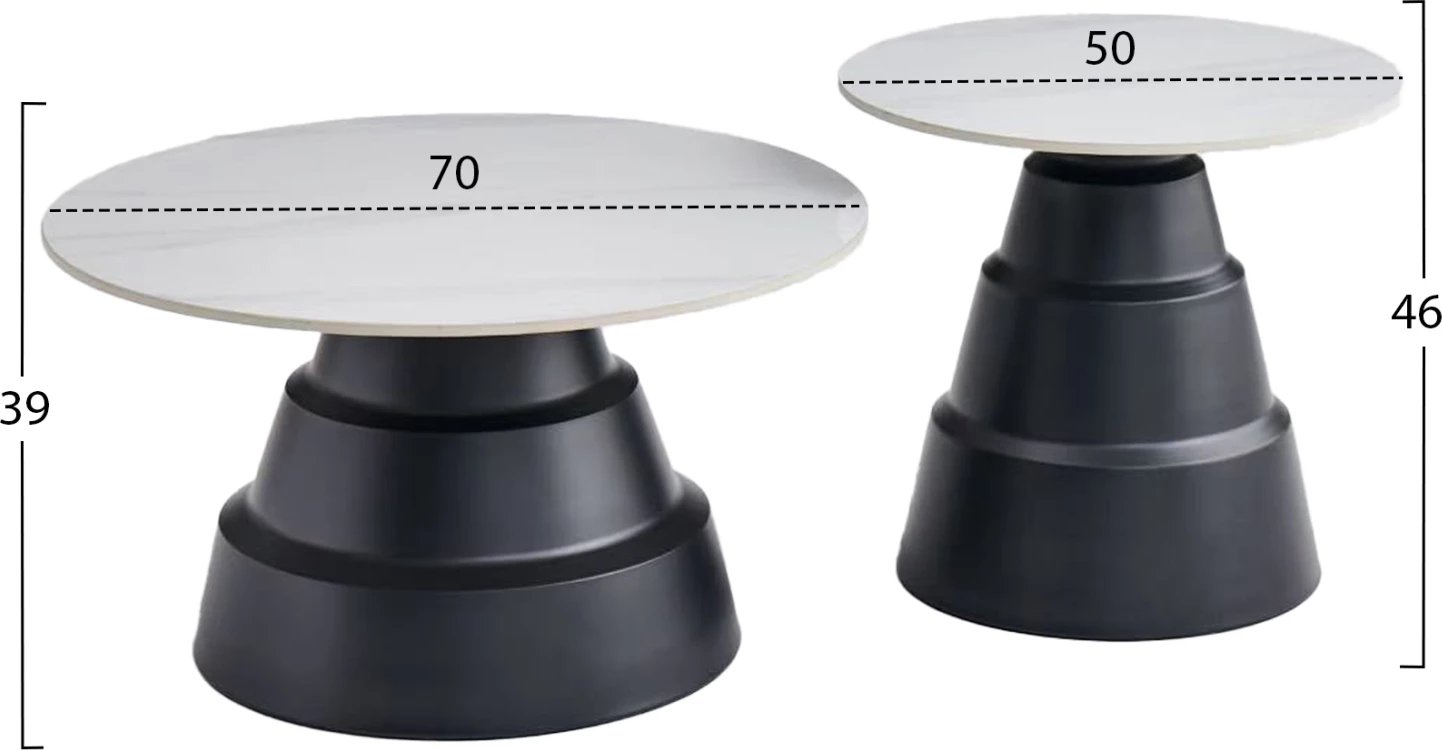 Set 2 tavolina kafeje LIDOX, sipërfaqe prej guri të sinterizuar, ngjyrë e bardhë dëbore, FH18306.02, Φ50cm & Φ70cm