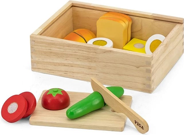 Set prerje mëngjesi prej druri, Viga, me dërrasë prerëse dhe thikë druri, elemente me Velcro, për 18+ muaj, Multicolor