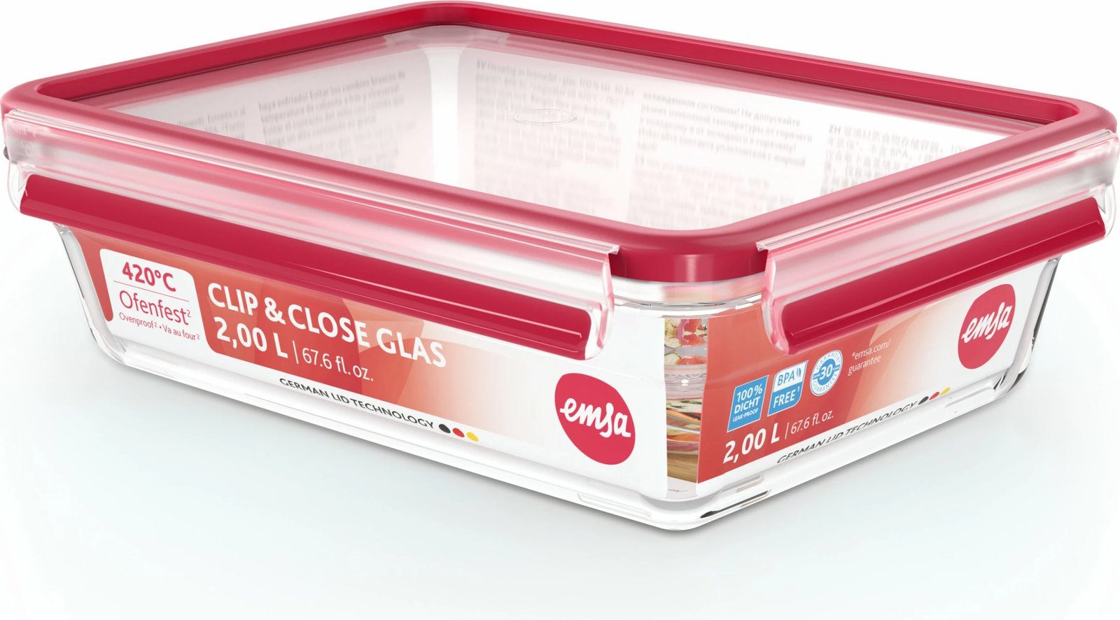 Enë qelqi Emsa N10411 Clip & Close 2L, e kuqe