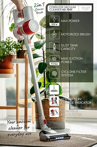 Fshesë elektrike pa kabllo vertikale Adler AD 7051, 300W, 0.6L, 22.2V Li-ion 2200mAh, brushë me LED, tregues LCD, e bardhë/kuqe Fshesë elektrike pa kabllo vertikale Adler AD 7051, 300W, 0.6L, 22.2V Li-ion 2200mAh, brushë me LED, tregues LCD, e bardhë/kuqe