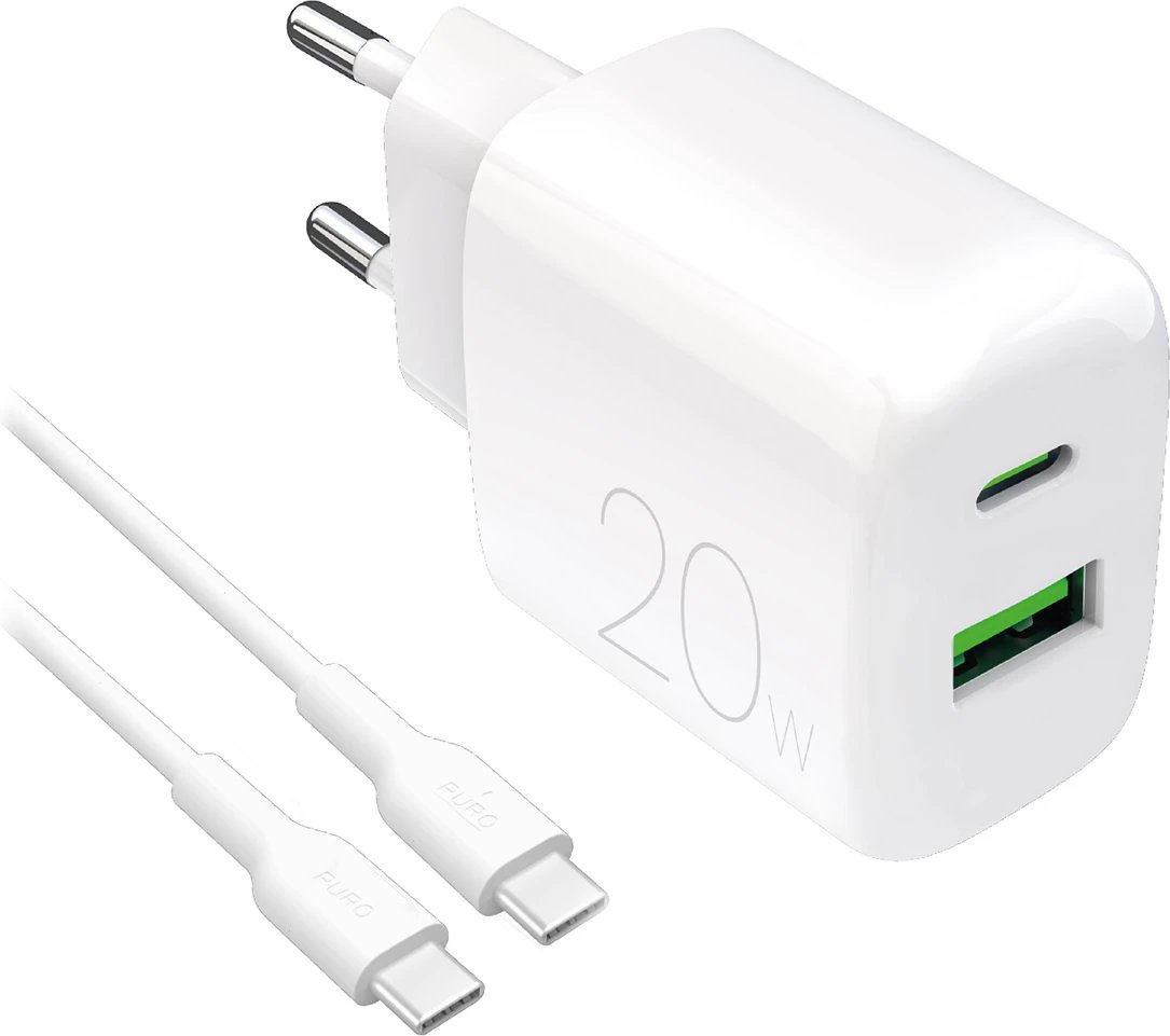 Karikues muri Puro PROLITE 20W me USB-A/USB-C dhe kabllo USB-C në USB-C 1.2m, Bardhë