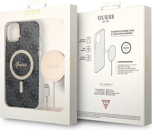 Set mbështjellës Guess GUBPP14MH4EACSK me karikues wireless për iPhone 14 Plus 6.7", zi, 4G Print, MagSafe