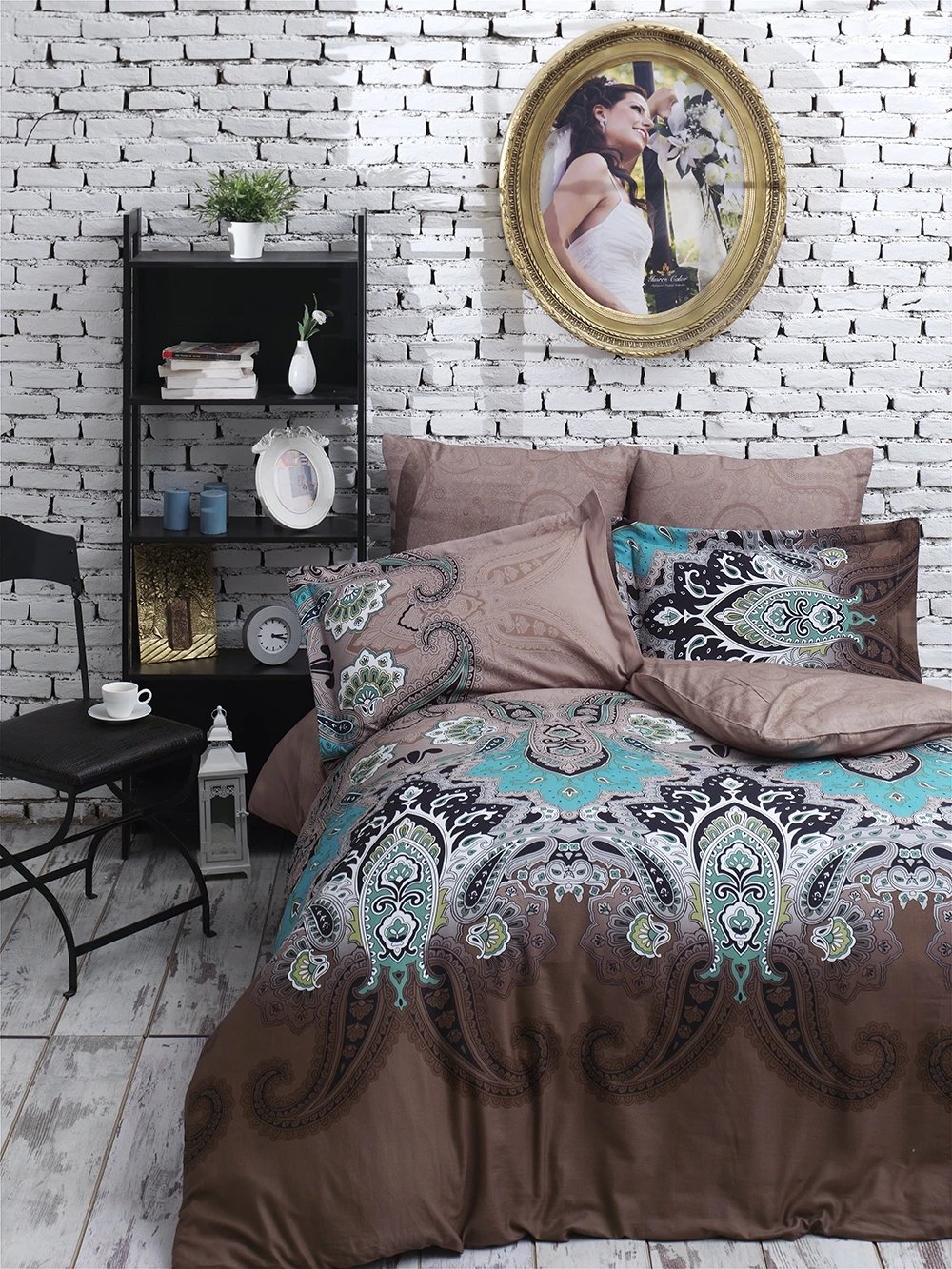 Set mbulesë jorgan për një person, saten, Jessica, ngjyrë kafe/turkuaz/zezë