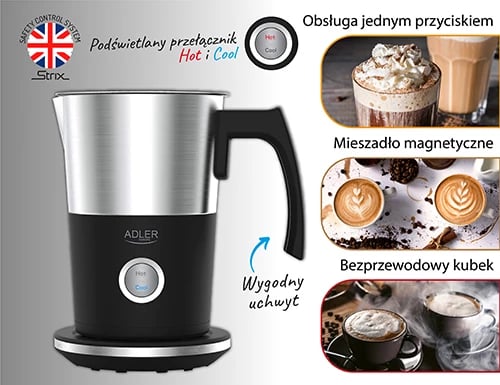 Shkumues qumështi, Adler, AD 4497, 300 ml/120 ml, 500-600W, bazë 360°, gotë pa kabllo, e zezë me Inox