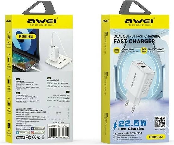 Karikues muri AWEI PD81-EU, 22.5W, 1x USB-A, 1x USB-C, Bardhë