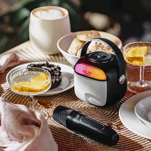 Altoparlant karaoke, Adler AD 1199, Bluetooth 5.1, SD/USB/AUX, 8 orë bateri, mikrofon set, i zi