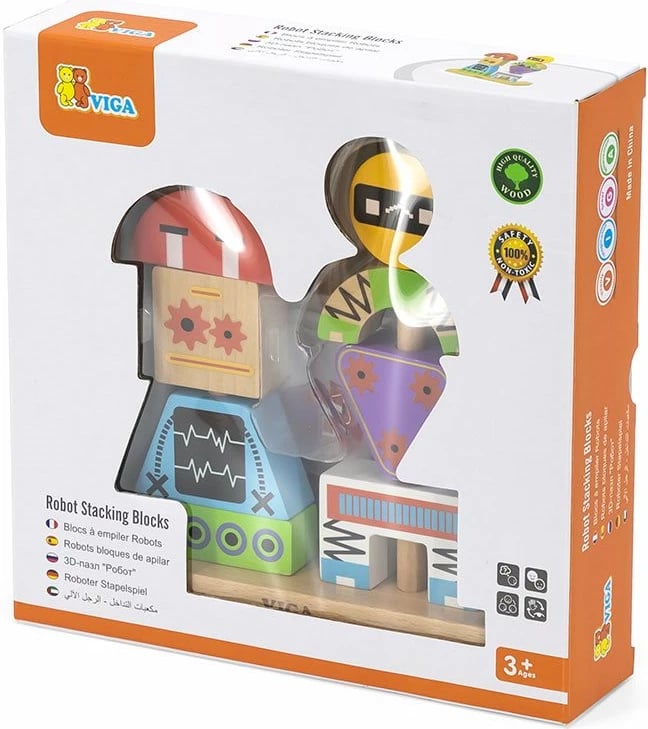 Blloqe druri stivuese, Viga Robots, puzzle edukativ me kartela modele, mbi 36m, shumëngjyrësh