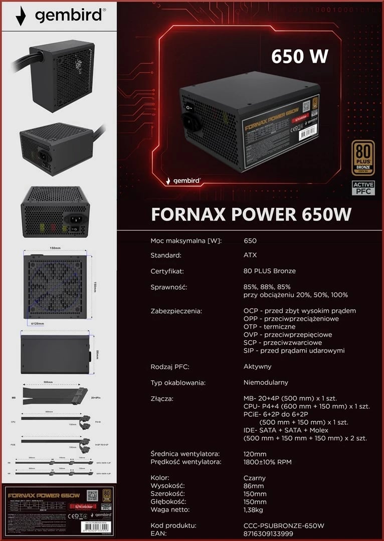 Kasë furnizuesi Gembird Fornax Power 650W, 80 PLUS Bronze, e zezë