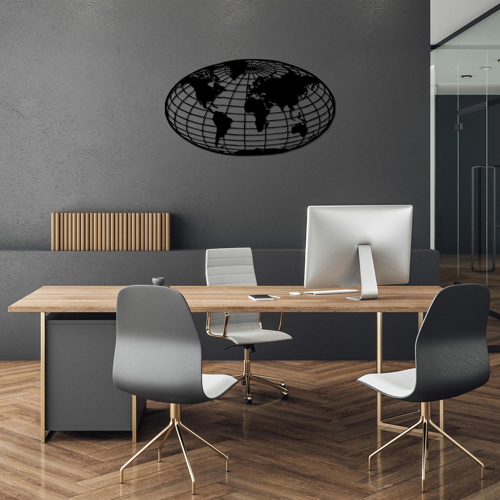 Aksesor dekorativ për mur, metalik, hartë bote, Wallity, 84x47cm, ngjyrë e zezë