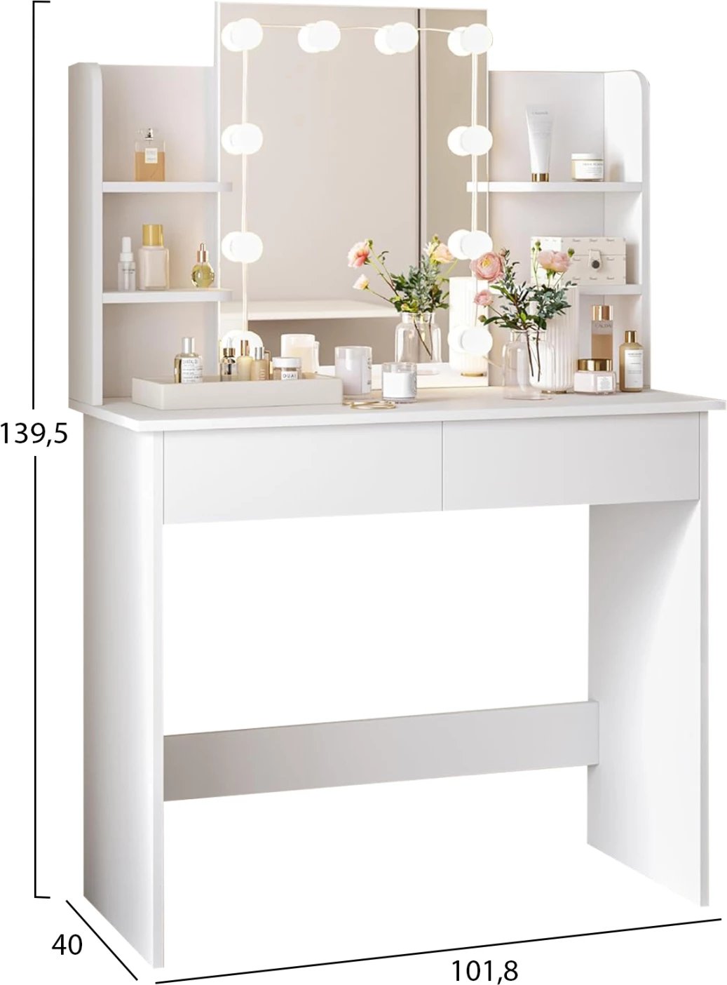Tavolinë për grim me LED, rafte dhe sirtarë, ngjyrë e bardhë, LAURYN FH2502.03, 101.8x40x139.5H cm
