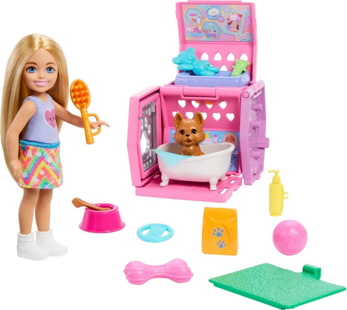 Set lodrash Barbie Chelsea Dog Transporter, Mattel, JDF89, me kukull Chelsea dhe qenush, shumë aksesorë, për vajza