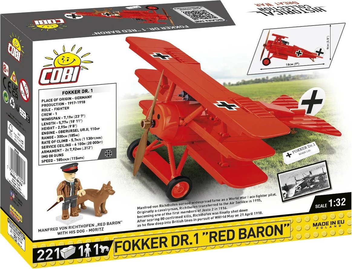 Set ndërtimi Cobi Fokker DR.1 Red Baron, 221 pjesë, me figura, Kuqe