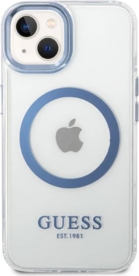 Mbështjellës Guess Metal Outline MagSafe për iPhone 14 Plus/15 Plus, Kaltër/Transparent