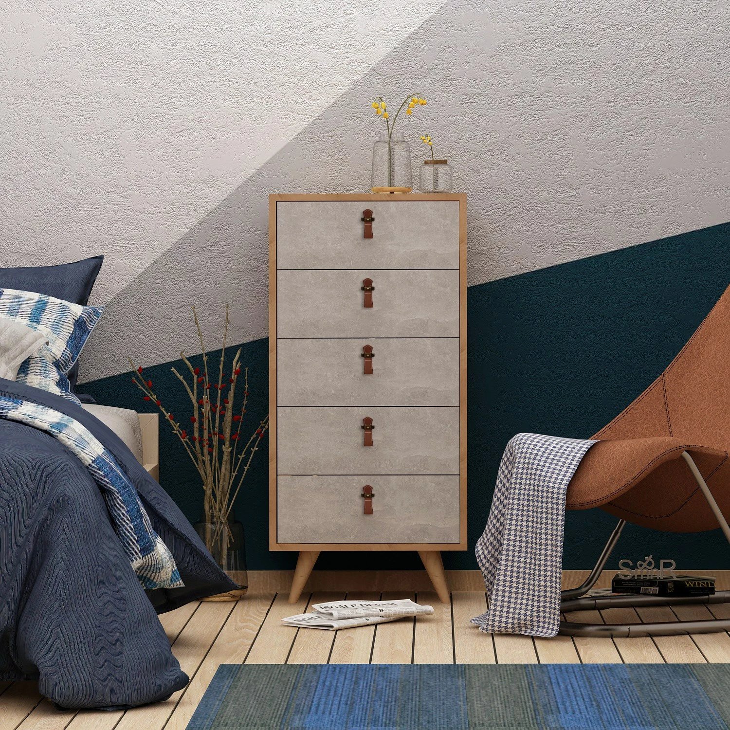 Komodë Skye Decor, ngjyrë lis dhe e bardhë, 5 sirtarë