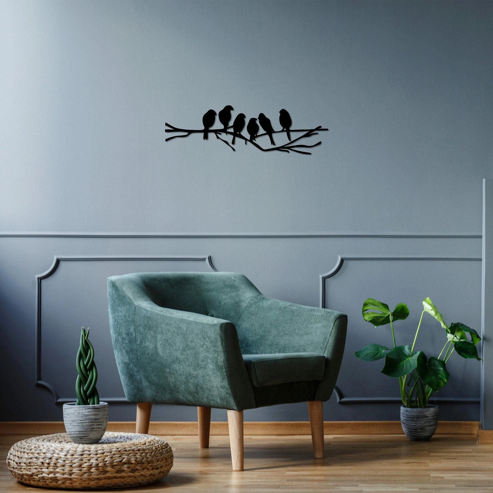 Aksesor dekorativ metalik për mur, zogj në degë, Wallity