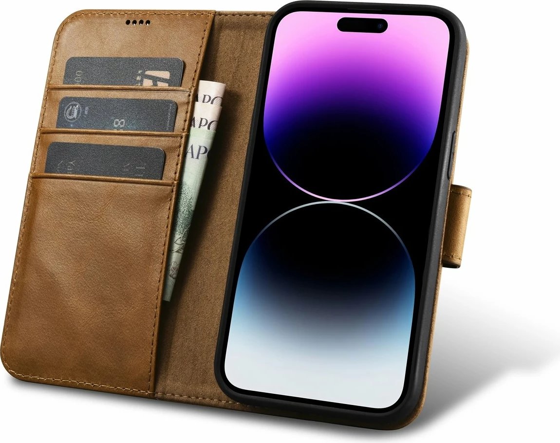 Mbështjellës iCarer Oil Wax Wallet Case 2in1 për iPhone 14 Pro, lëkurë natyrale, Anti-RFID, Kafe