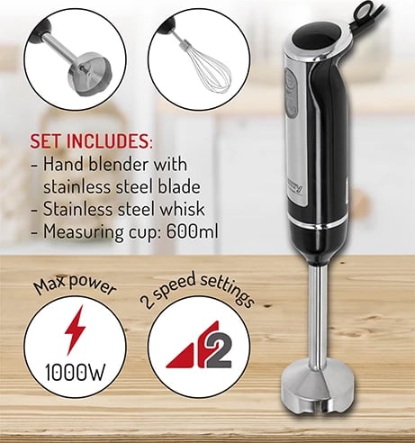 Blender dore, Adler CR 4621, 600W (1000W max), 2 shpejtësi me TURBO, gotë 600ml, shtojcë çelik inox dhe rrahëse, mini set 2‑në‑1, e zezë Blender dore, Adler CR 4621, 600W (1000W max), 2 shpejtësi me TURBO, gotë 600ml, shtojcë çelik inox dhe rrahëse, mini set 2‑në‑1, e zezë