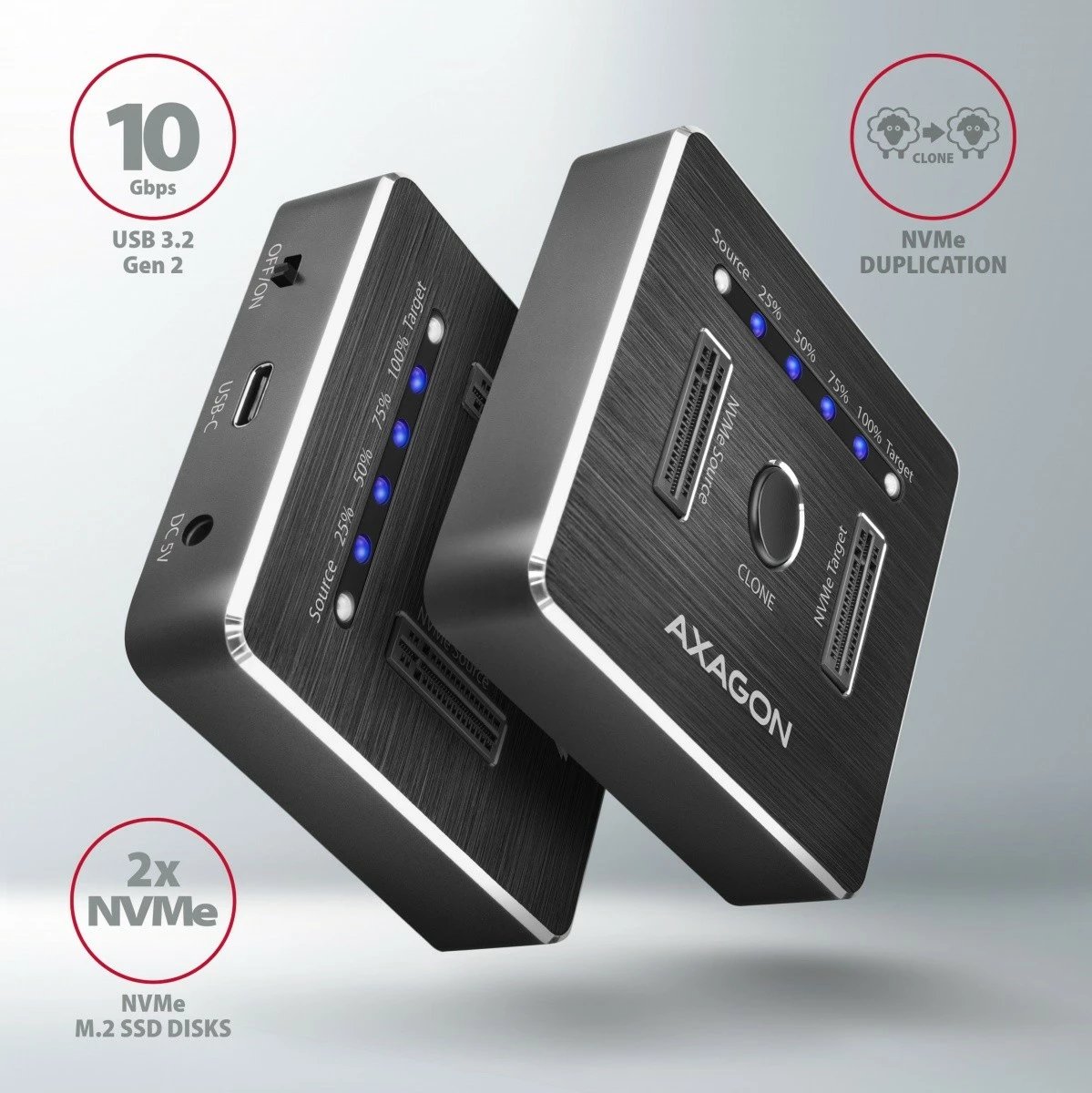 Stacion dokimi AXAGON ADSA-M2C, 2x NVMe M.2 SSD, USB-C 3.2 Gen 2, i zi