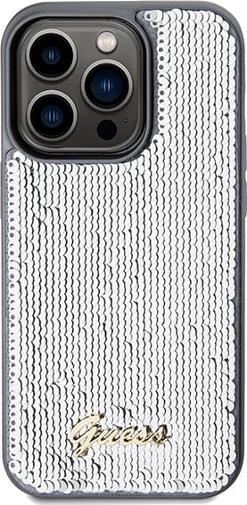 Mbështjellës Guess Sequin Script Metal për iPhone 14 Pro Max, argjendtë Mbështjellës Guess Sequin Script Metal për iPhone 14 Pro Max, argjendtë