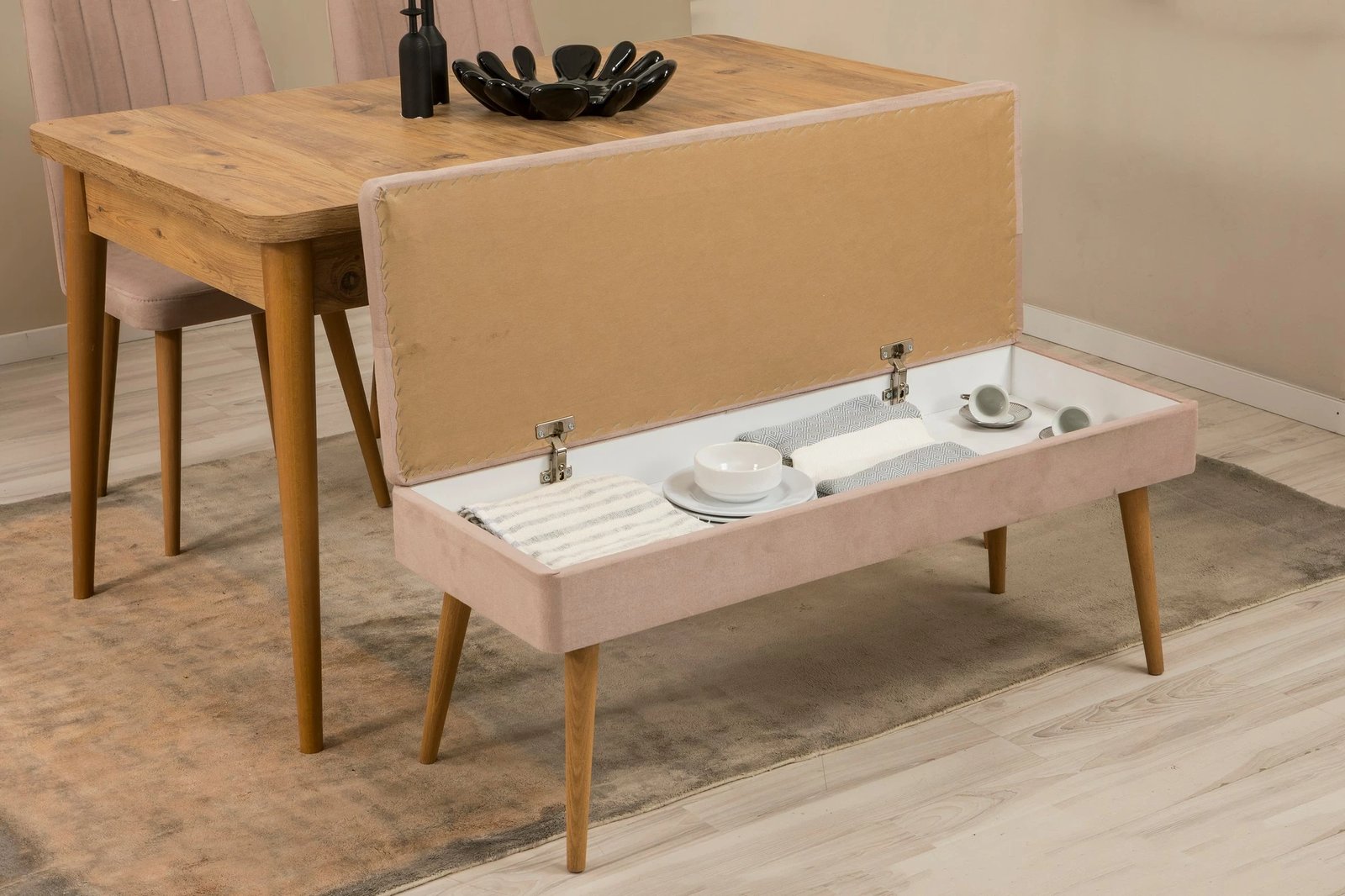 Set tavoline me karrige, bankë, konsolë, zgjatje, 6 pjesë, Skye Decor, Vina Bench 04 0900, ngjyrë Atlantic Pine, Stone