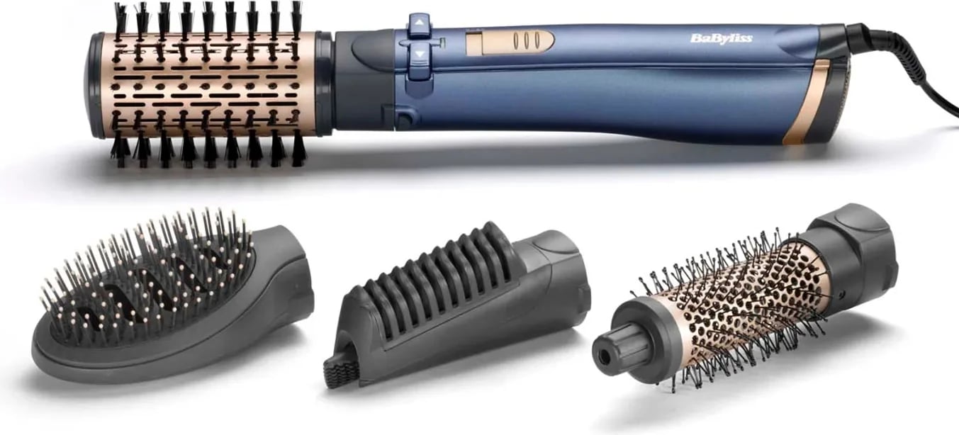 Stajler flokësh me ajër rrotullues, BaByliss AS965E, 1000W, 4 në 1, furçë 38 mm, jonizim, 2 temperatura + ajër i ftohtë, kabllo 2.2 m, blu, set me 4 koka
