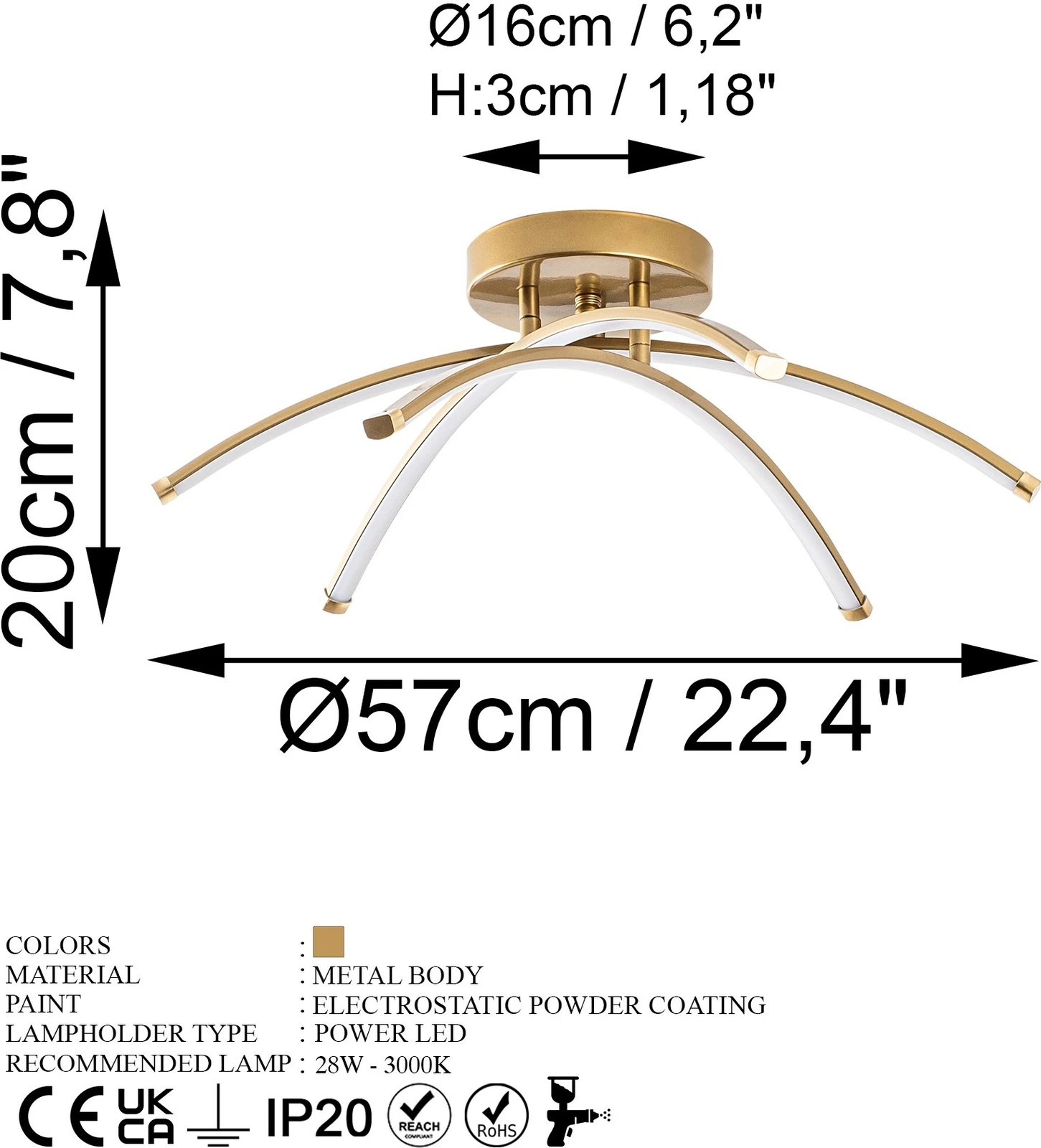 Llambë tavani Opviq, Ledbanana, ngjyrë ari, 57x20x57cm