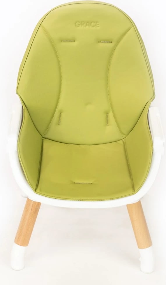 Karrige e lartë 3‑në‑1 për fëmijë, New Baby, Grace, tabaka e heqshme, rripa 5‑pikësh, eko‑lëkurë, këmbë druri, jeshile