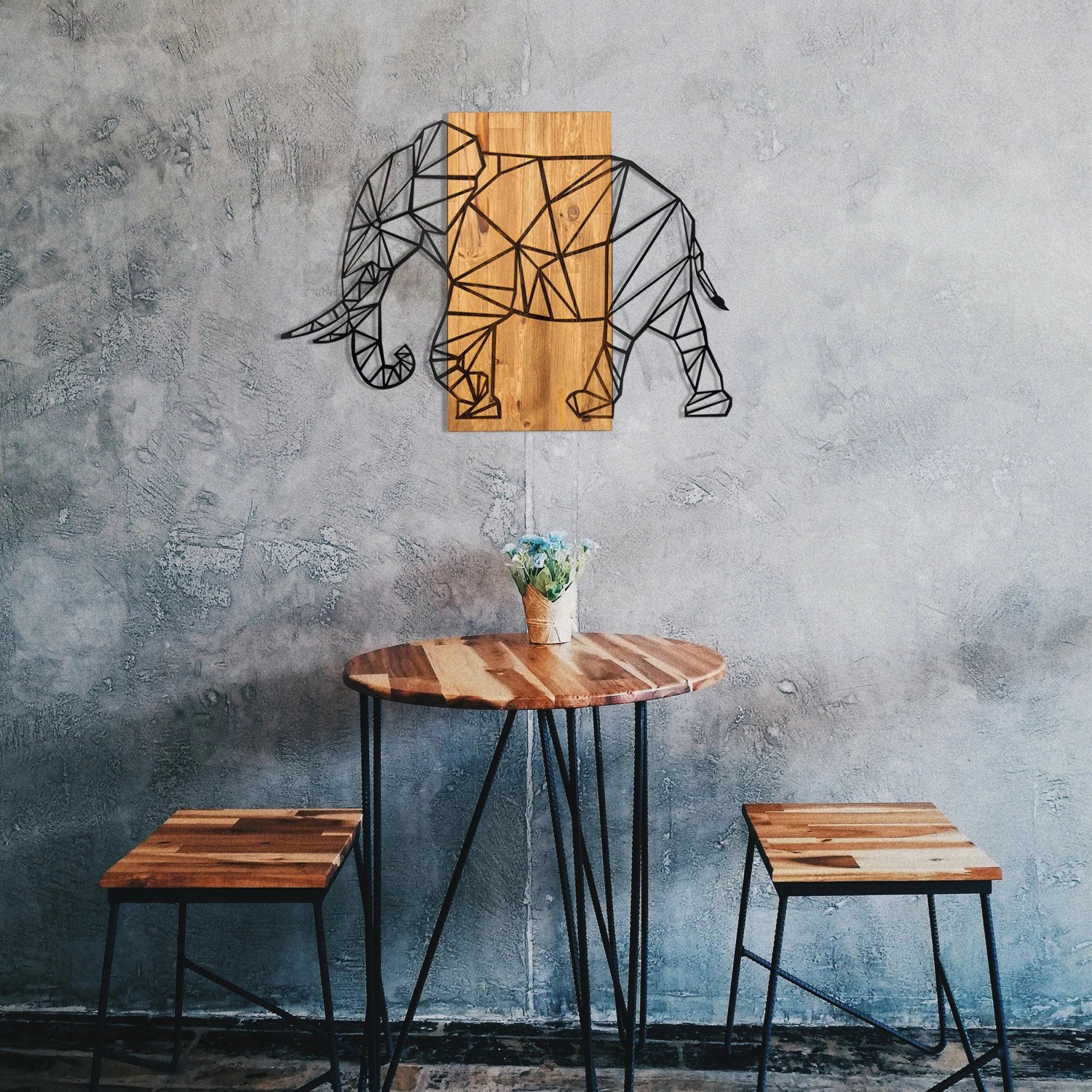 Aksesor dekorativ për mur, dru dhe metal, elefant, Wallity, ngjyrë e zezë dhe arre, 82x58cm