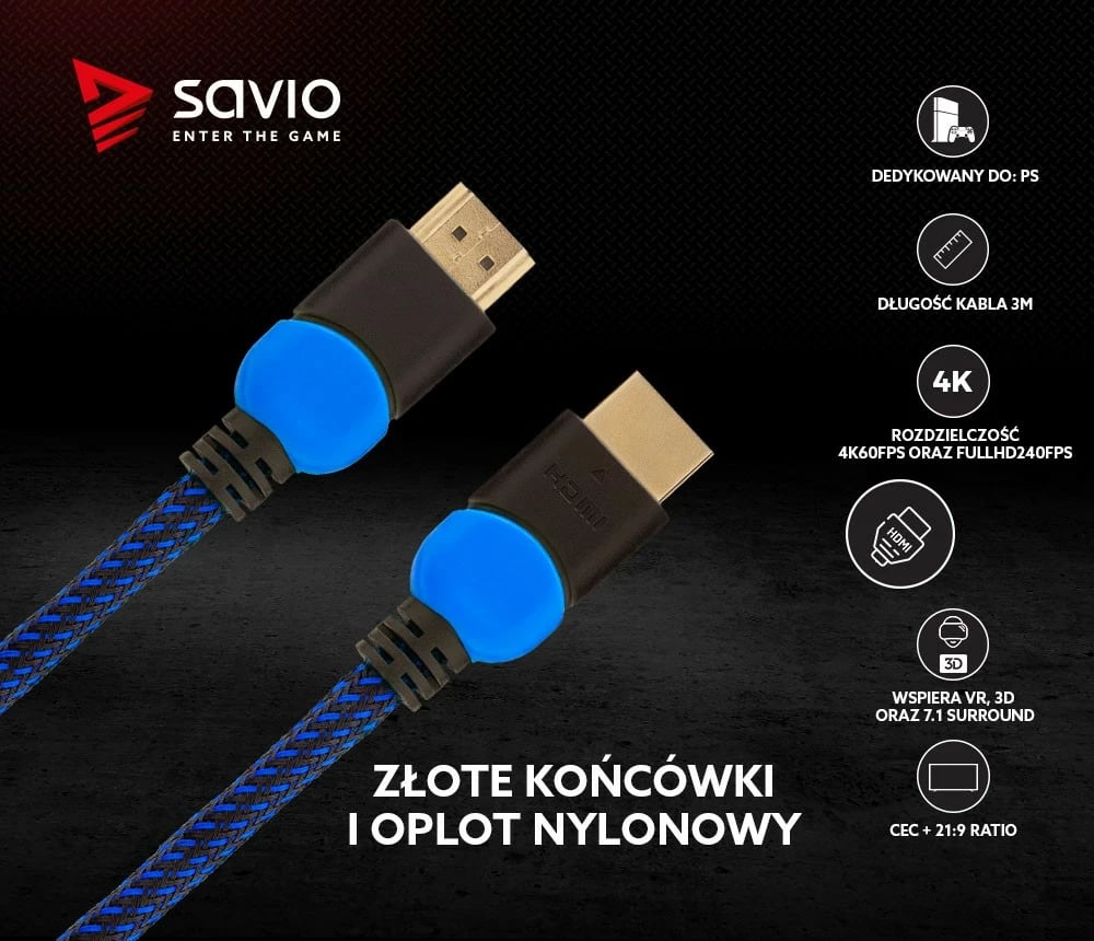 Kabllo HDMI Savio GCL-05, 3m, 2.0, Najlon, Zezë/Blu