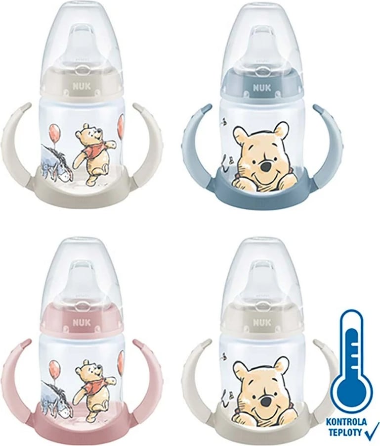 shishe trajnimi bebe, NUK, First Choice Winnie the Pooh, kontroll temperature, 150 ml, silikon, gri