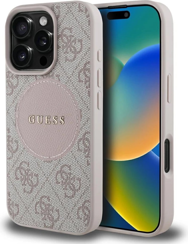 Mbështjellës Guess 4G Circle Classic Logo MagSafe për iPhone 16 Pro Max, rozë