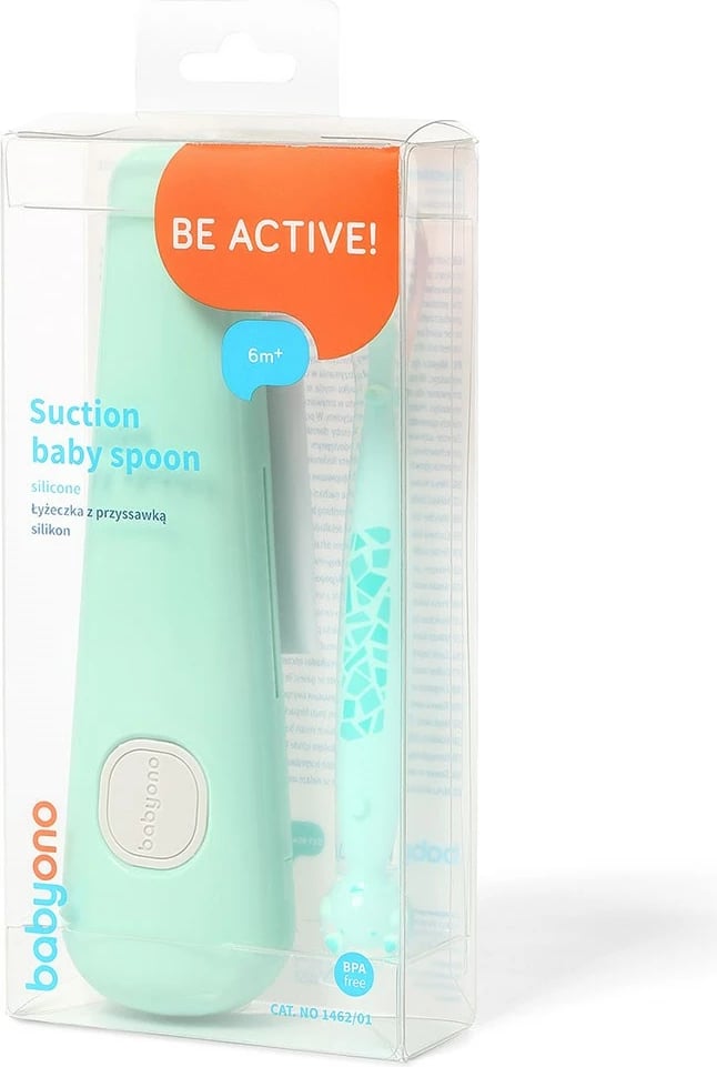 Lugë silikoni me kupë thithëse, Baby Ono, me kuti transporti, për 6m+, jeshile, paketim 1 lugë + kuti