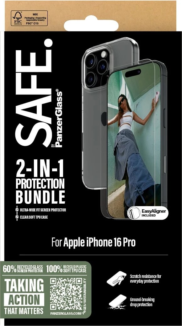 Mbështjellës PanzerGlass SAFE 2-in-1 për iPhone 16 Pro, transparent