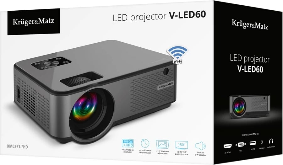 Projektor LED Kruger & Matz V-LED60, FullHD 1080p, Wi-Fi, i bardhë