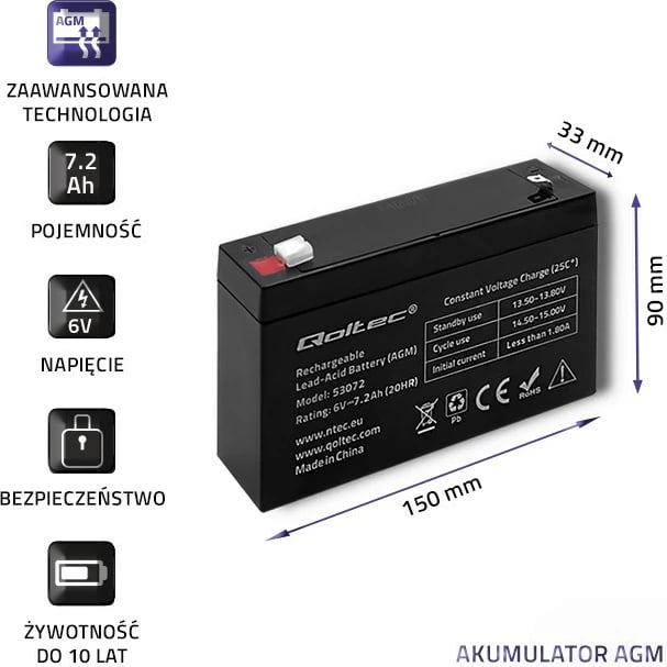 Bateri Qoltec 53072 AGM, 6V, 7.2Ah