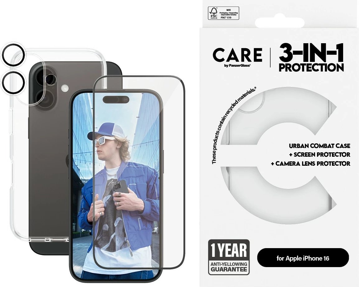 Mbështjellës PanzerGlass CARE Flagship 3-in-1 për iPhone 16, transparent