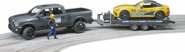 Set lodrash BRUDER Dodge RAM 2500 Power Wagon me rimorkio dhe veturë Roadster Racing Team, 1:16, zi/gri/verdhë