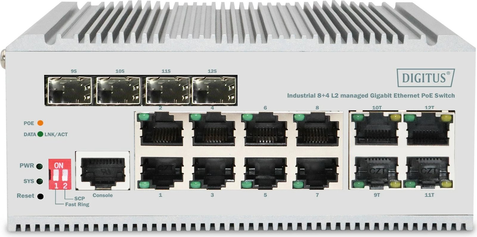 Switch industrial Digitus DN-651139, 8 porta Gigabit PoE, 4 SFP uplink, menaxhim L2, fanless, gri