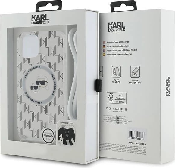 Mbështjellës Karl Lagerfeld IML Crossbody Monogram Karl & Choupette Head MagSafe për iPhone 15/14/13, Transparent