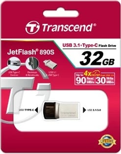 USB stick Transcend JetFlash 890 32GB, USB 3.1, Type-C/A, zi/argjendtë