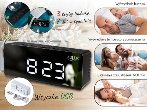 Orë alarmi, Adler, AD 1189, LED me temperaturë dhome, 3 mënyra alarmi, USB + 3xAAA, e zezë