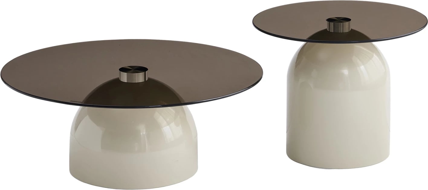 Set 2 tavolina kafeje BELLINS, bazë metalike bezhë, sipërfaqe xhami, FH18313.04, Φ50cm & Φ80cm
