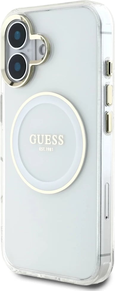 Mbështjellës Guess IML Metal Colored Circle Classic Logo MagSafe për iPhone 16, Bardhë