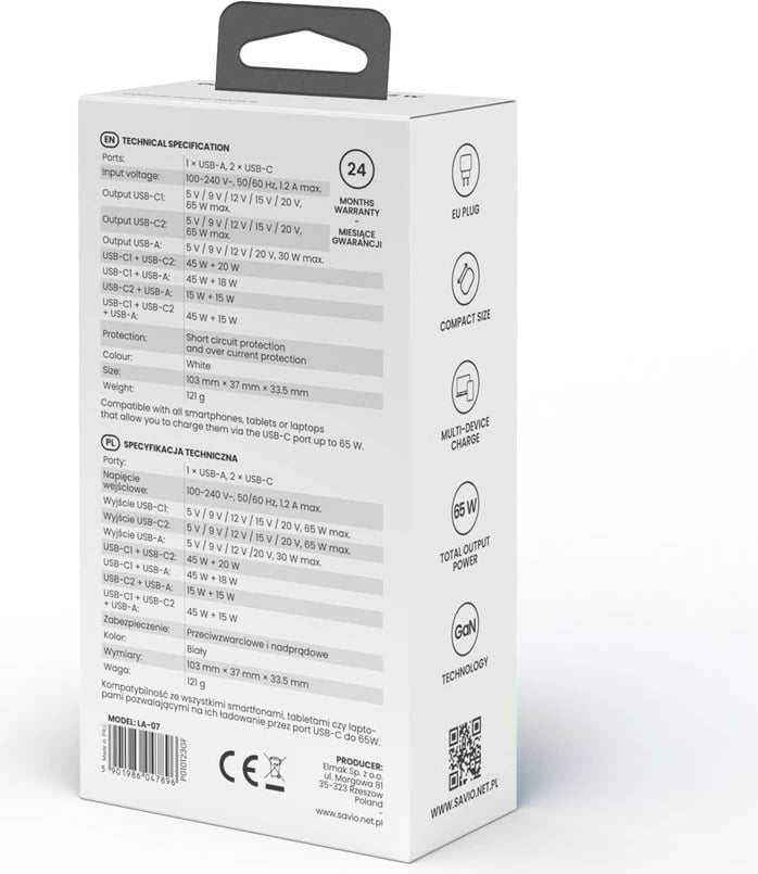 Mbushës muri Savio LA-07, 65W, GaN, 2x USB-C, 1x USB-A, i bardhë