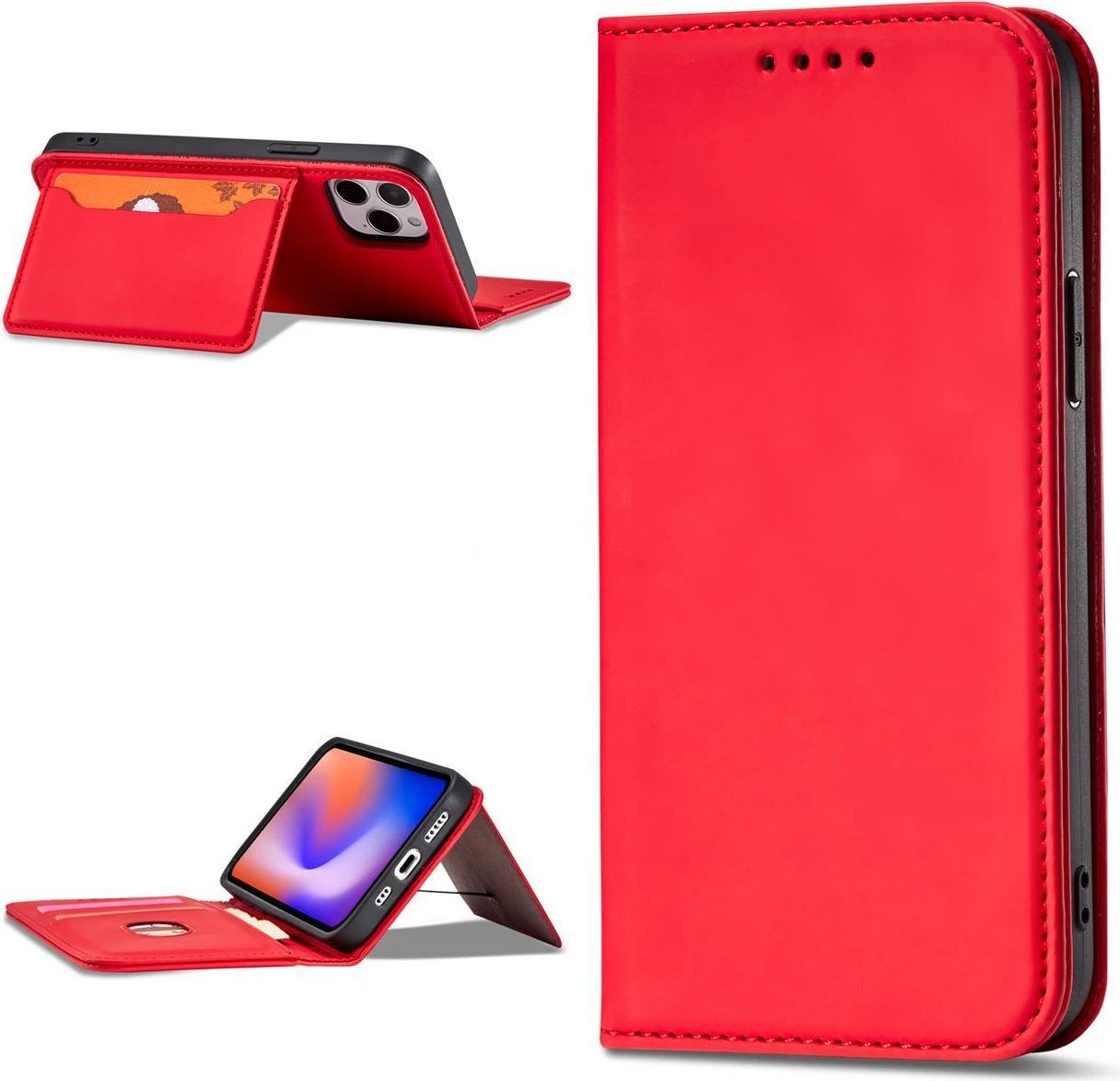 Mbështjellës Hurtel Magnet Card Case për iPhone 12 Pro, me portofol dhe qëndrim, Kuq