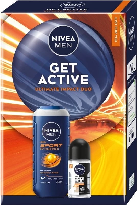 Set për trup për meshkuj Nivea Men Get Active me xhel dushi 3-në-1 250ml dhe deodorant roll-on 50ml